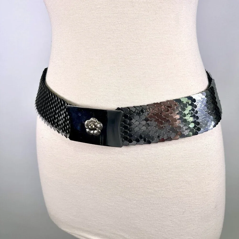 Vtg 70s Silver Metal Fish Scale Belt Stretch Western Boho Hippie Disco 28-38” - Picture 4 of 8
